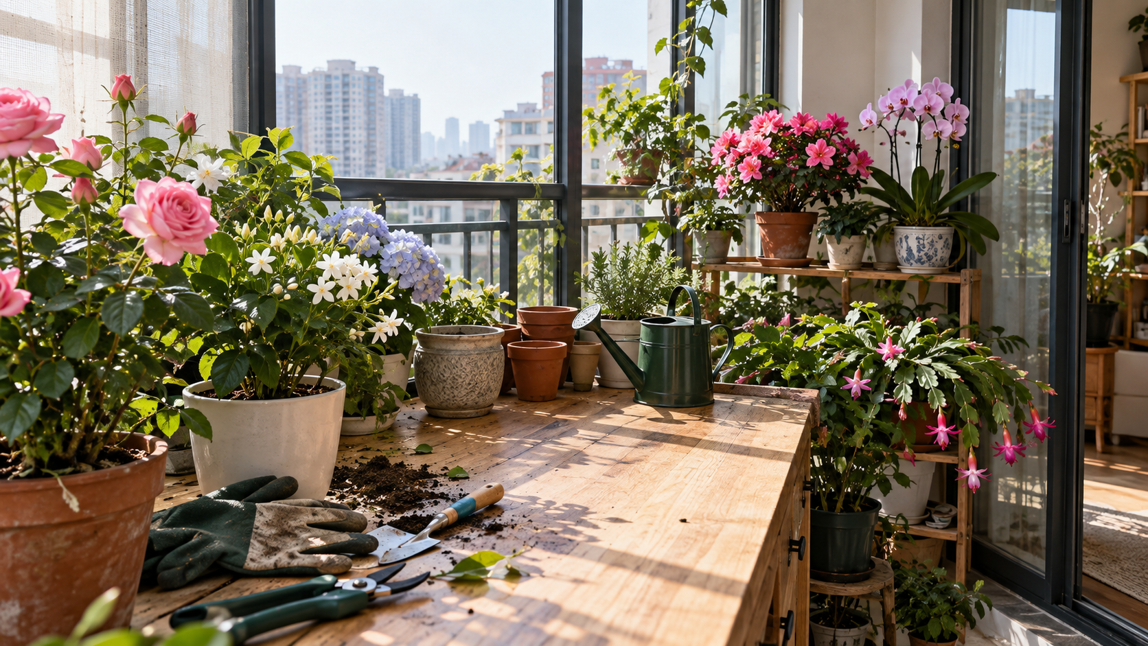 上午自然光中的家庭阳台花园，摆放着月季、茉莉、杜鹃、兰花和日常园艺工具